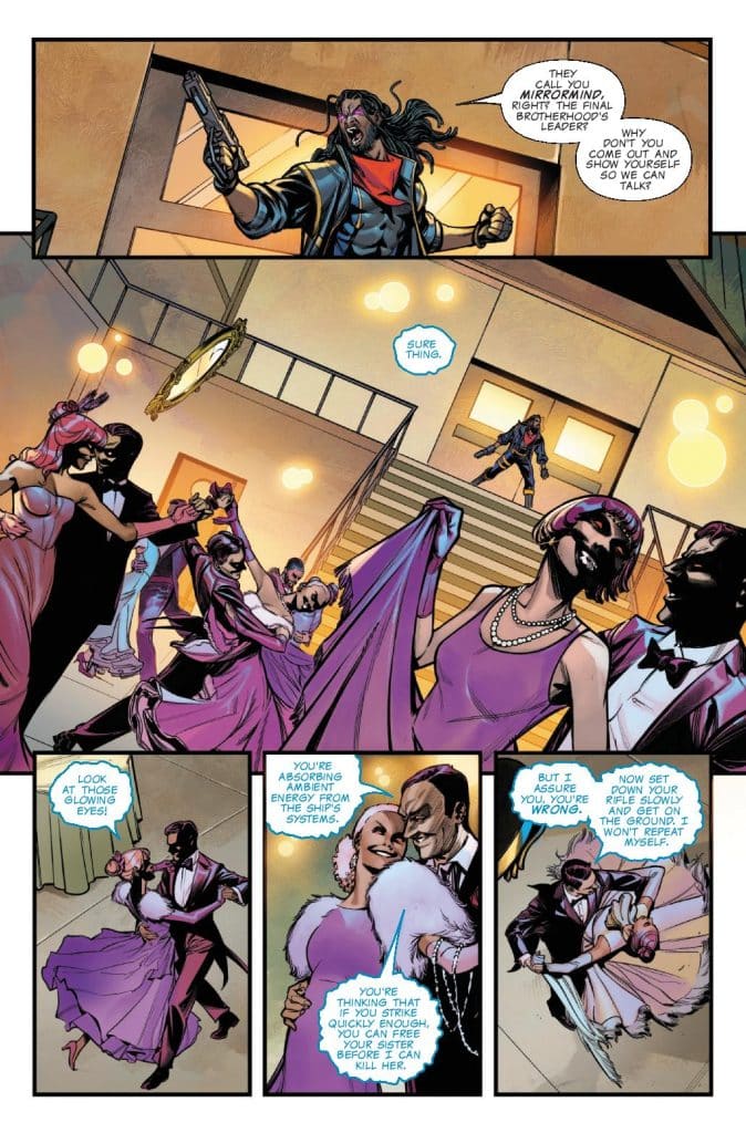 A tense scene from a comic, featuring a character with long hair and a gun, speaking with another character on a staircase. Several couples are dancing elegantly in the background, wearing formal attire in shades of pink and black.