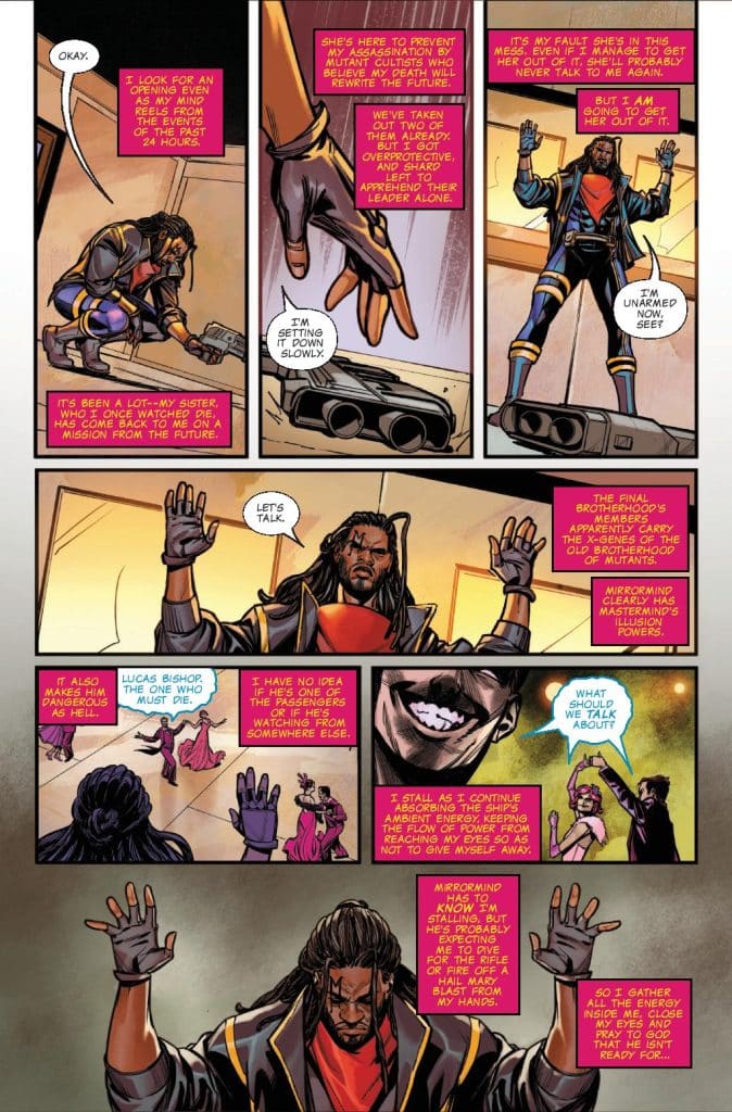 Comic book page featuring characters in a dramatic conversation about a mission involving time travel and mutant factions, with vibrant illustrations and speech bubbles detailing their thoughts and plans.