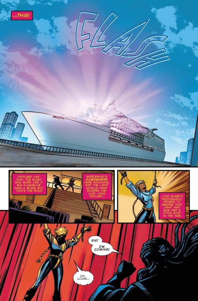 A dynamic comic panel depicting a large cruise ship radiating light with the word 'FLASH' above it, while characters observe from a nearby structure, discussing a plan involving light manipulation.
