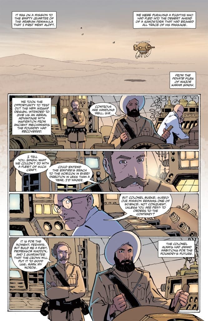An illustrated scene from a comic depicting a conversation among three characters in a control room, with one character in traditional clothing and the others in military uniforms, discussing an airship mission in a desert setting.