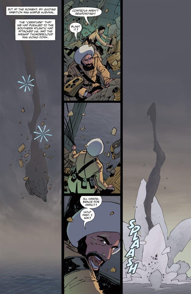 A chaotic scene in an airship's controls as crew members react to an external threat, with debris flying and a large creature splashing in the ocean.