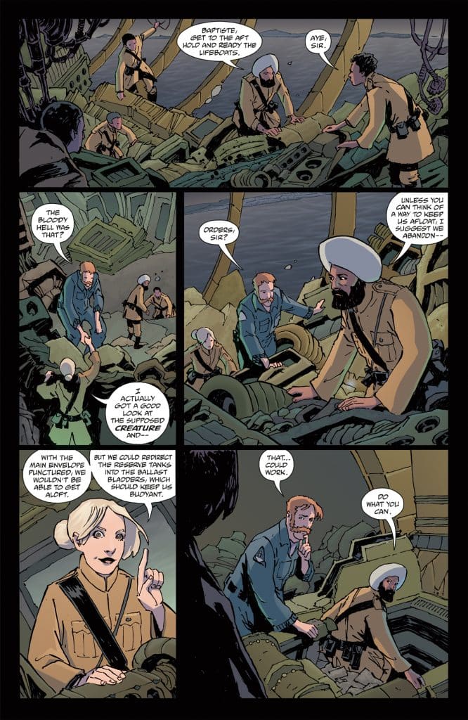 A comic book panel depicting a group of characters discussing a maritime emergency. The scene shows a messy ship interior with various characters in uniforms strategizing about lifeboats and buoyancy, conveying a sense of urgency and teamwork.