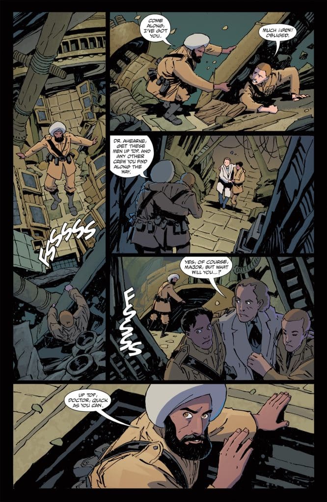 A comic panel showing a group of men in a dark, chaotic environment. One man in a turban is directing a group, while others appear to be preparing to escape. Dialogue bubbles indicate a sense of urgency and tension.