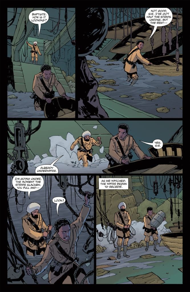 A comic book scene depicting two characters in a flooded ship interior, one holding a rope while another is submerged. Dialogue indicates a tense moment as they monitor the situation and attempt to manage the water levels.