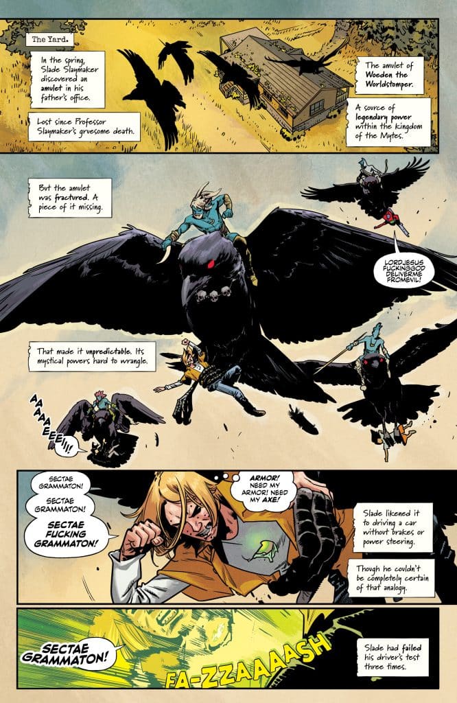 A comic panel depicting a character, Slade, in action amidst a chaotic scene with large black birds, possibly magical creatures. Slade appears distressed as he calls for armor and his axe. The background shows a rural landscape with a house.
