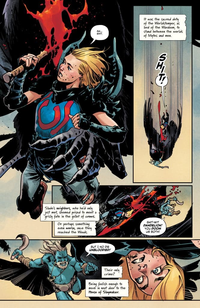 A comic book page featuring an intense scene with a girl in armor and a male character, both surrounded by dramatic effects like blood and shadows. The girl appears worried while holding a weapon, and the male character is depicted in an aggressive pose.