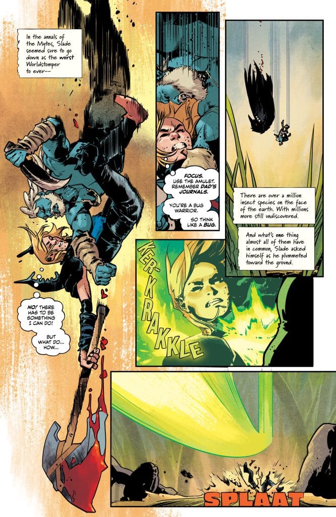 A comic book panel featuring a character descending with an axe, surrounded by action lines and vibrant colors, as another character gives guidance. Dialogue bubbles convey urgency and focus on strategy in a battle scenario.