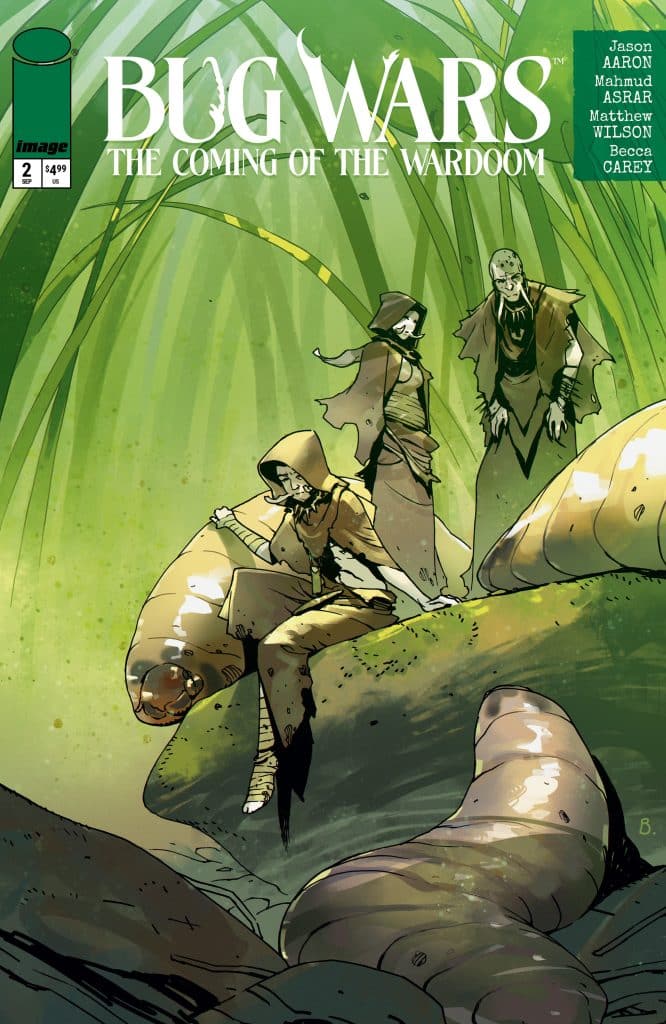 Comic book cover featuring three characters in a lush green environment, with one character sitting on a large creature. The title 'Bug Wars: The Coming of the Wardoom' is prominently displayed at the top.