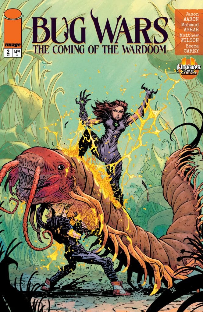 Comic book cover for 'Bug Wars: The Coming of the Wardoom,' featuring a woman in a dark outfit confronting a large, detailed insect monster, with vibrant colors and dramatic action.