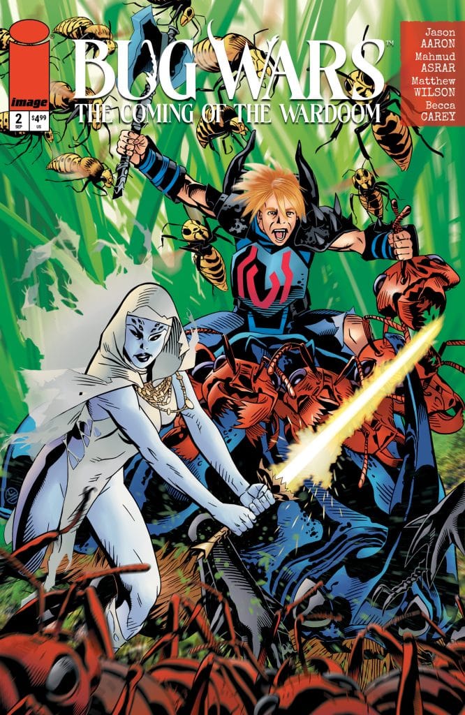 Comic book cover featuring two characters battling giant insects, with one character wielding a sword against a backdrop of aggressive bugs.