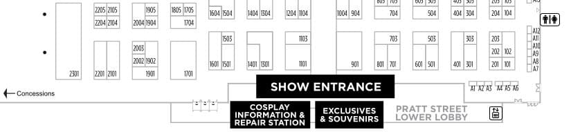 Map layout of an event venue showing booths and services including the show entrance, cosplay information and repair station, and souvenirs.