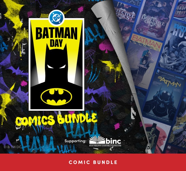 Promotional image for Batman Day featuring a black silhouette of Batman against a bright yellow background, with text reading 'COMICS BUNDLE' and colorful graffiti-like decorations in the background.