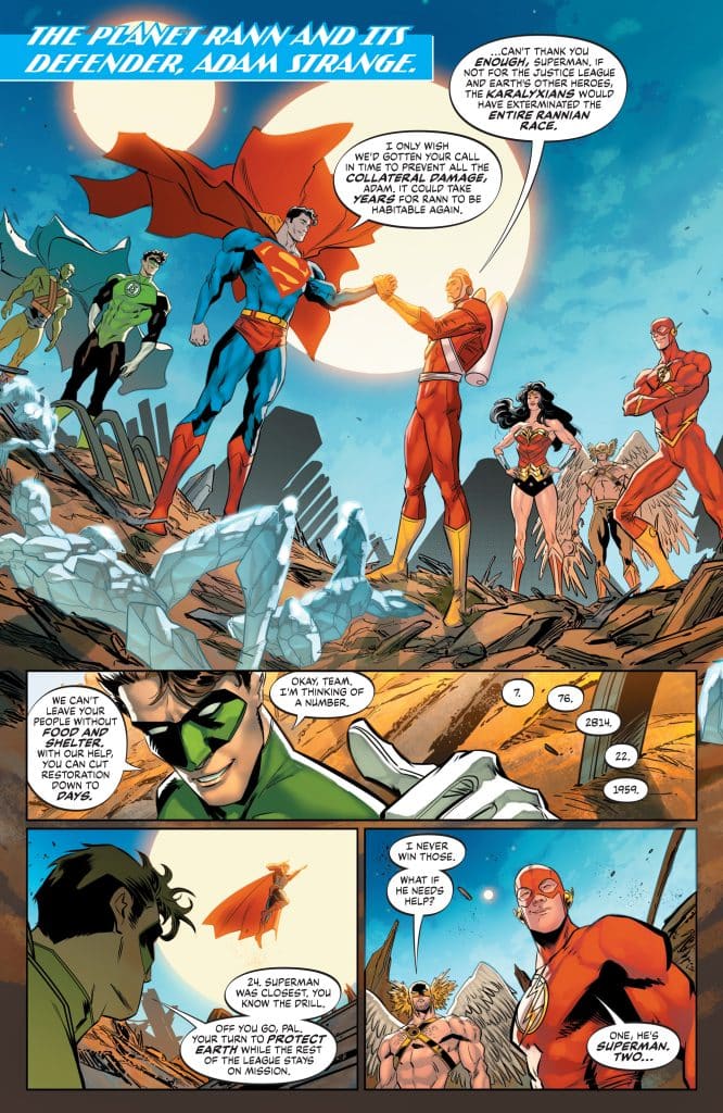 A comic book illustration featuring superhero characters including Superman, Green Lantern, Flash, Wonder Woman, and Hawkman. They discuss the fate of the planet Rann and the situation regarding collateral damage. The scene conveys themes of teamwork, responsibility, and urgency.