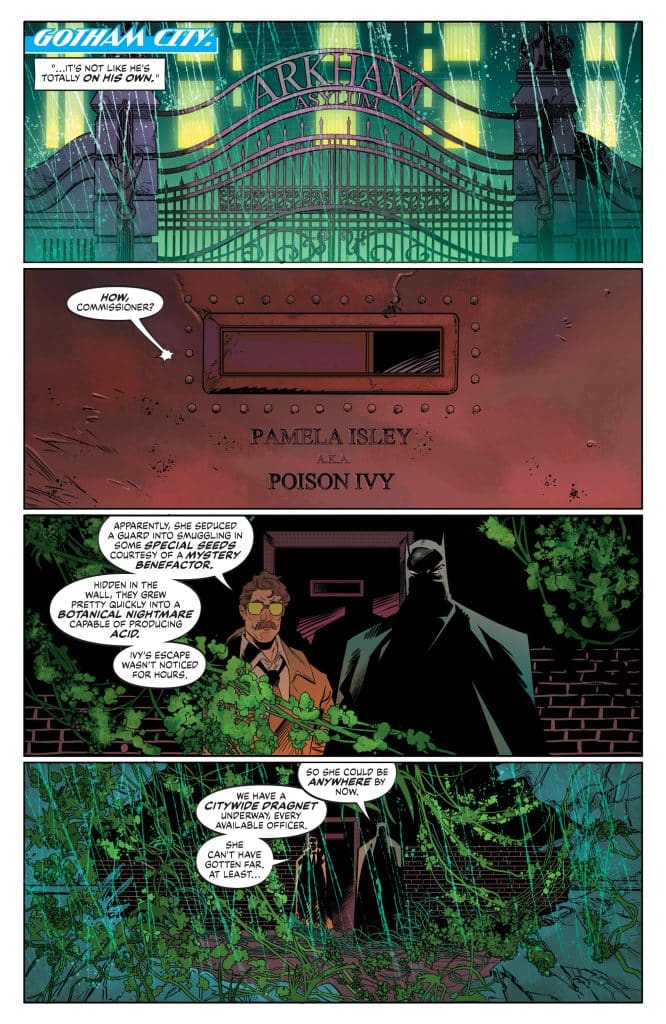 A comic panel depicting Gotham City with a rainy night scene and the Arkham Asylum gate. Batman stands beside a city official discussing Poison Ivy's escape amidst lush, oversized plants.
