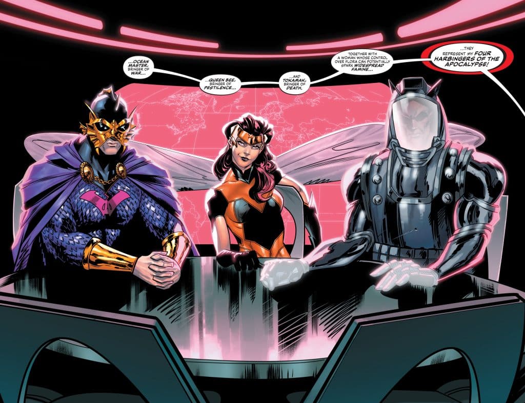 Three supervillains seated at a futuristic control panel, with a map in the background. The first character, Ocean Master, wears a dark blue costume and a gold crown, while the second, Queen Bee, is dressed in an orange and black outfit, and the third, a robotic figure, is clad in black armor.