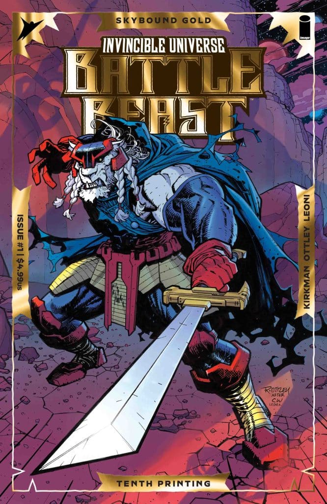 Comic book cover featuring Battle Beast from the Invincible Universe, depicted with a large sword and a fierce expression, set against a colorful background. The title 'BATTLE BEAST' is prominently displayed, along with issue information and printing details.
