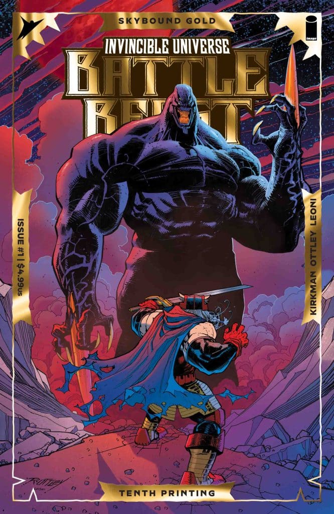 Comic book cover featuring a muscular hero in a blue cape facing a monstrous figure, set against a colorful, rocky background. Title reads 'Invincible Universe: Battle Beast Issue #11'.