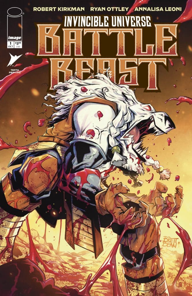 Cover of 'Invincible Universe: Battle Beast' comic issue featuring a fierce armored warrior and a lion-like creature amidst a bloody battle scene.