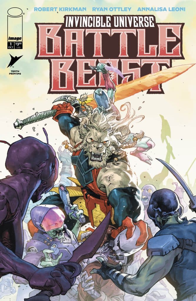 Comic book cover featuring Battle Beast in a fierce battle against multiple alien opponents, showcasing dynamic action and vibrant artwork.