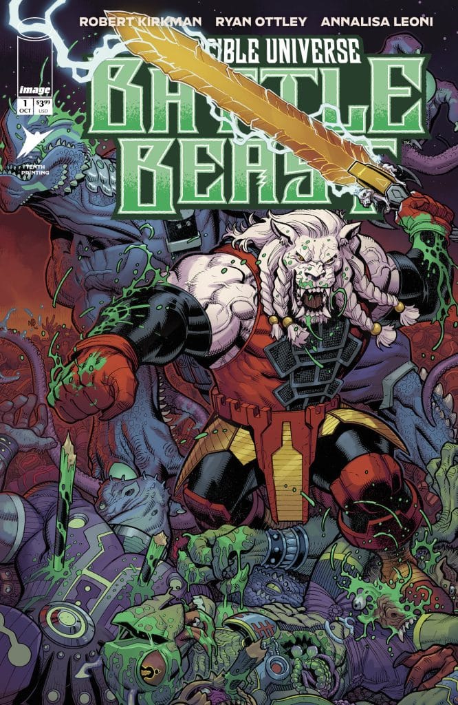 Comic book cover featuring a muscular humanoid beast wielding a sword against a backdrop of various monstrous creatures and a colorful, explosive environment.