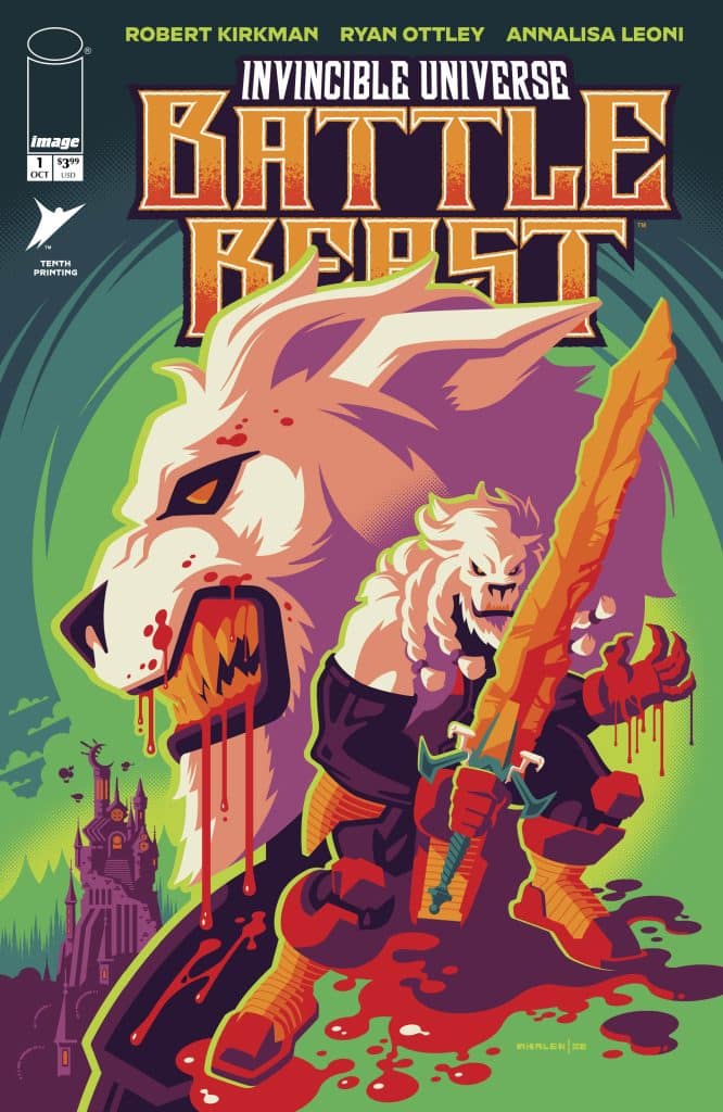 Comic book cover featuring a fierce anthropomorphic wolf warrior holding a large sword, splattered with blood, against a vibrant green background, with a dark castle silhouette in the distance.