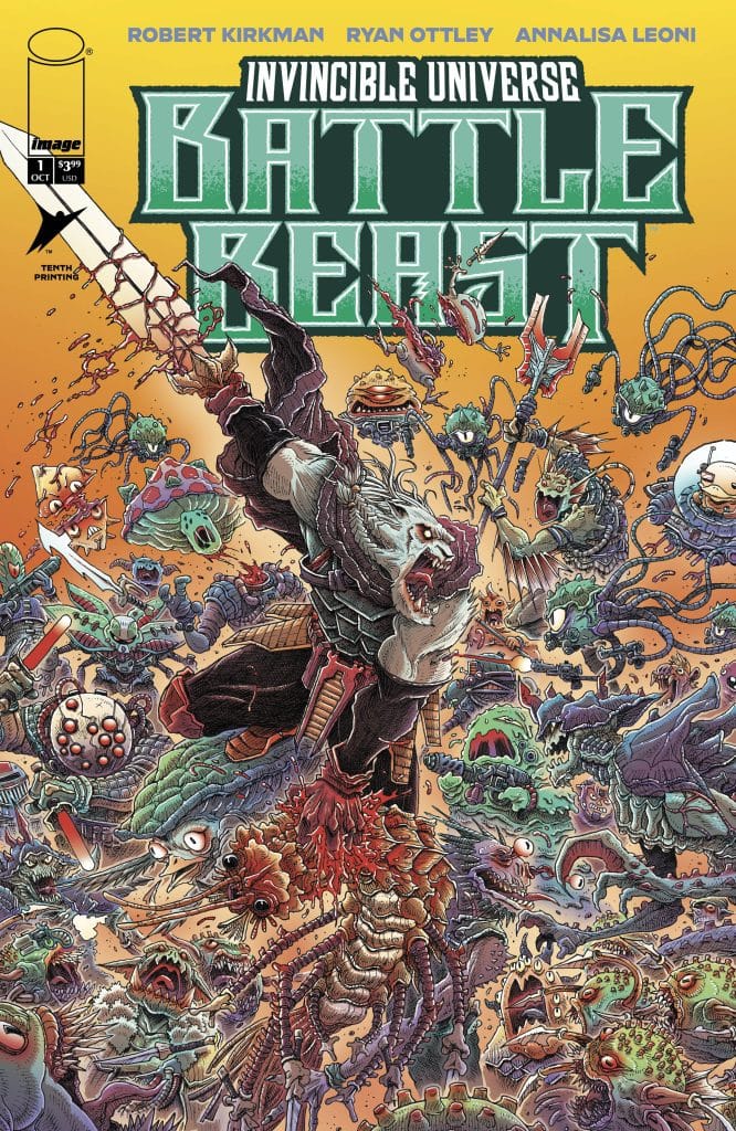 Comic book cover featuring 'Battle Beast' from the 'Invincible Universe,' illustrated with vivid colors and dynamic action. The foreground shows a fierce warrior with a sword amidst a chaotic battle scene filled with various monstrous creatures.