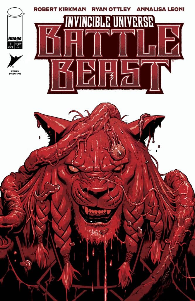 Cover of the comic 'Battle Beast' from the Invincible Universe, featuring a fierce lion-like creature with blood dripping from its face, surrounded by stylized text.