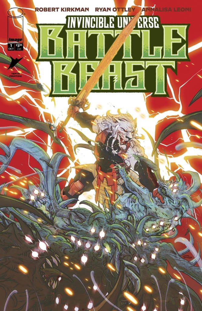 Comic book cover featuring a character wielding a sword, battling a large, menacing creature amidst explosive effects and vibrant colors.