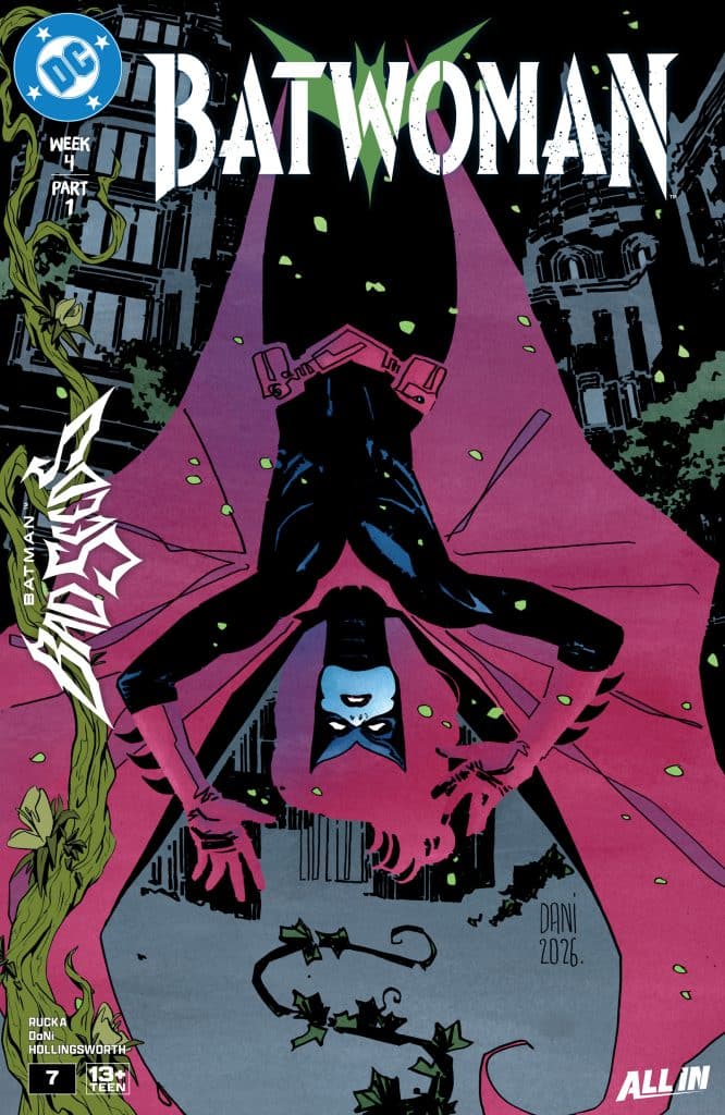 Comic book cover featuring Batwoman in a striking pose, surrounded by dark buildings and green vines, with a vibrant pink background.