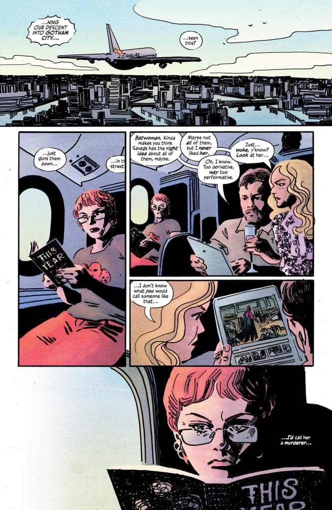 A comic panel depicting a plane flying into Gotham City, with characters discussing themes related to Batwoman and other topics.