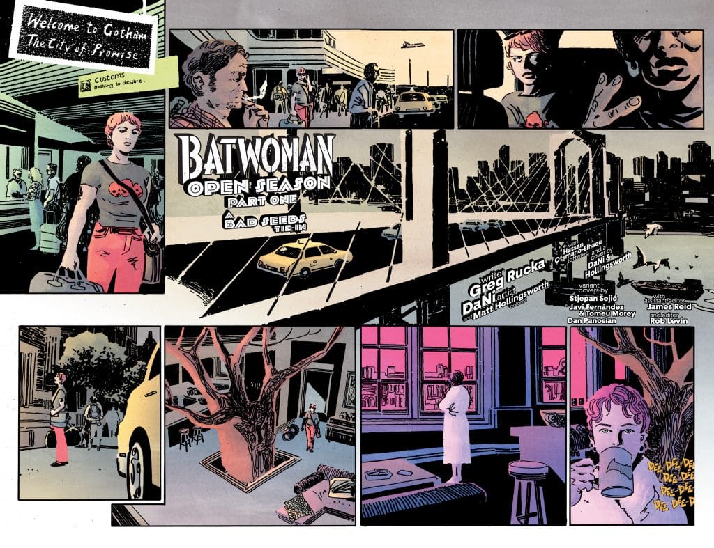 Comic book page featuring Batwoman titled 'Open Season Part One', with various panels depicting urban scenes in Gotham City, including characters engaging with their surroundings and a focus on a character holding a cup.