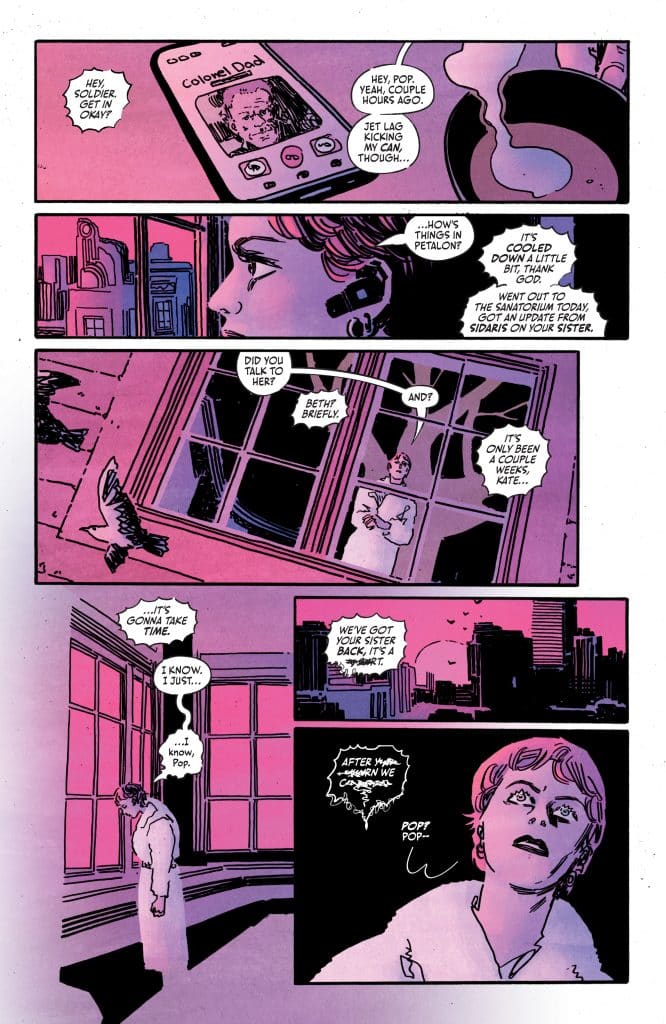 A comic page featuring two characters on a video call, discussing personal matters. One character appears concerned while looking out a window, with a city skyline visible outside. The color scheme consists of shades of pink and purple, adding a dramatic effect to the scene.