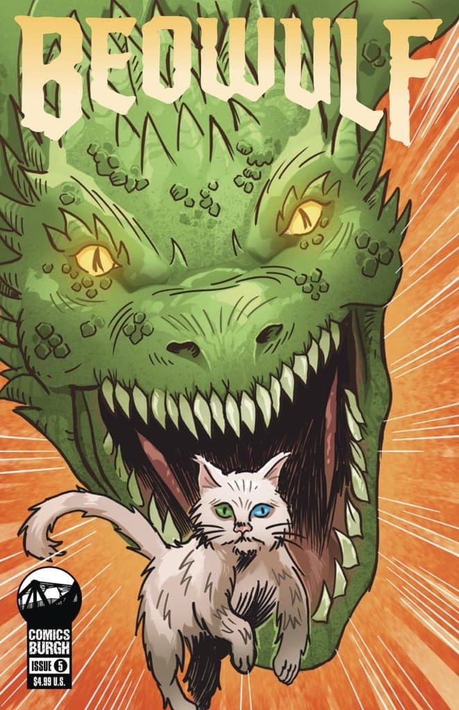 Comic book cover of 'Beowulf' featuring a large green dragon with glowing eyes, and a small white cat with heterochromia escaping from its mouth, set against an orange background.