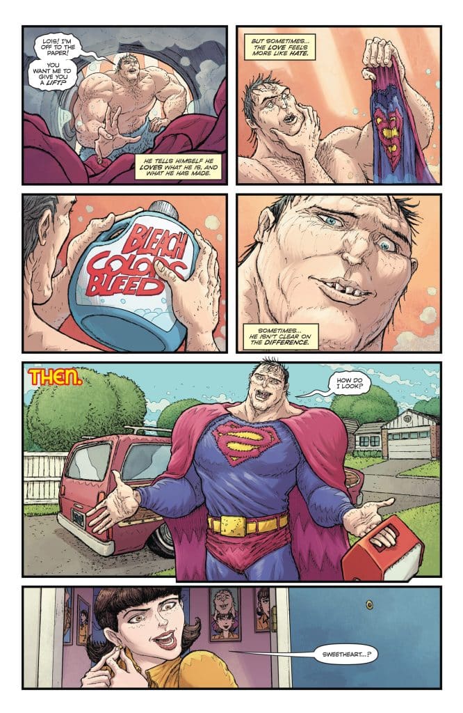 A comic panel featuring a muscular man contemplating his identity, holding a bottle of bleach while changing clothes.