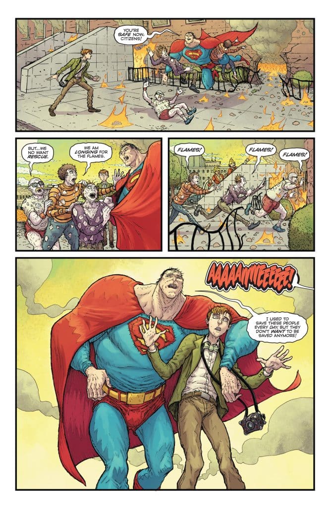 A superhero in a blue and red costume saving a man from a chaotic scene with flames and panicked citizens.