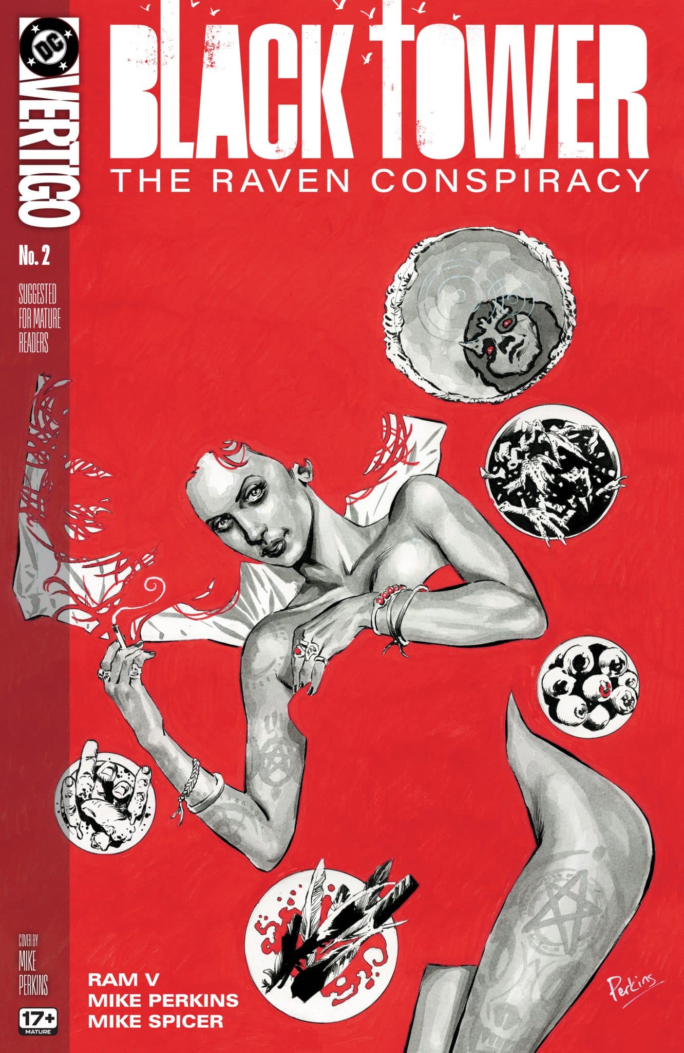 Cover of 'Black Tower: The Raven Conspiracy' comic book featuring a stylized woman surrounded by mystical symbols and imagery, primarily in black, white, and red colors.