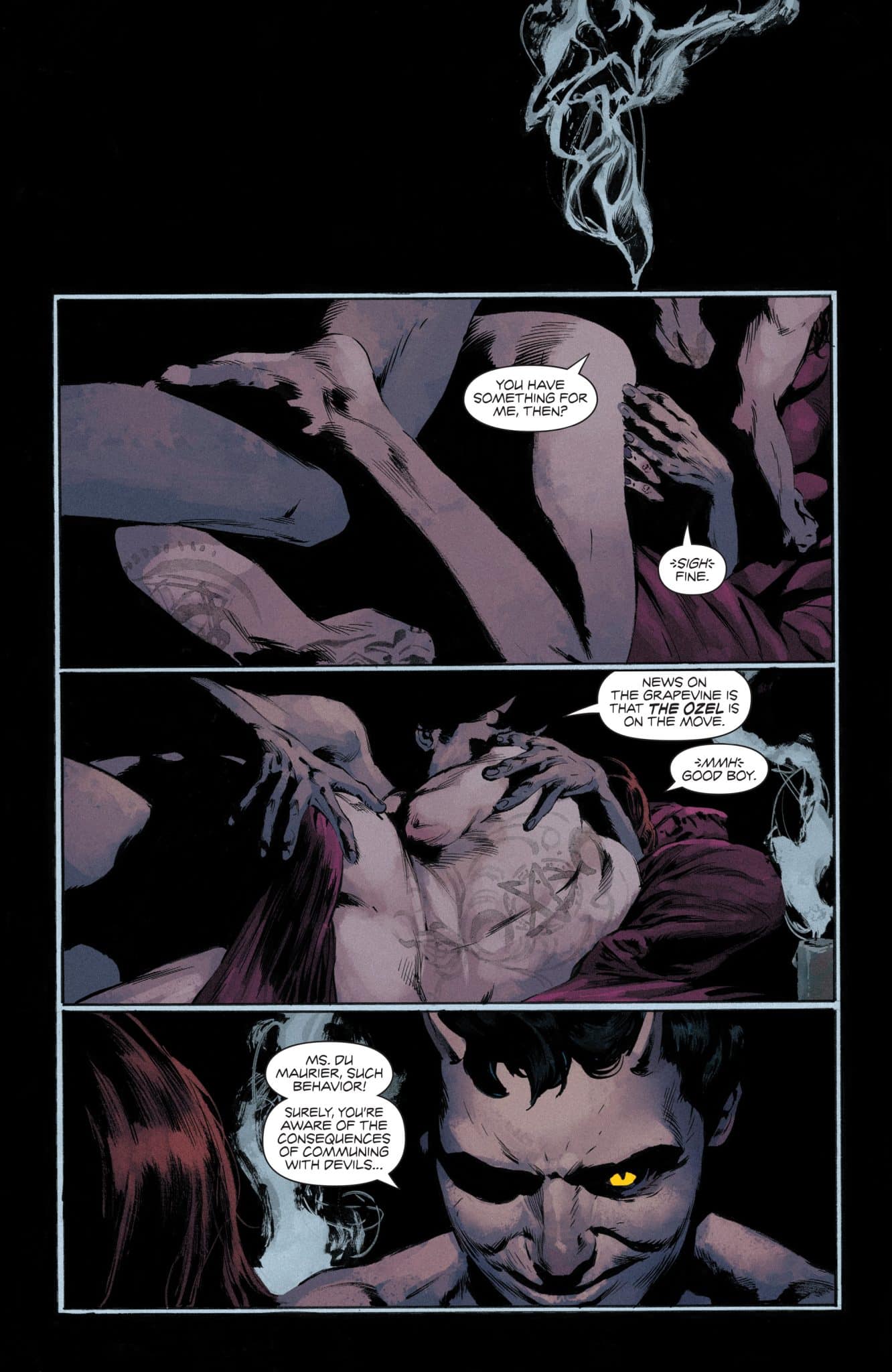 A dark, stylized comic panel depicting two characters in a tense interaction, one with a sinister expression and yellow eyes, while the other appears somewhat subdued, with visible tattoos on their skin.