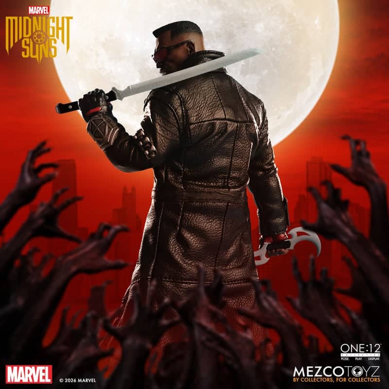 A detailed action figure of a character from Marvel's Midnight Suns, wearing a brown leather coat and sunglasses, holding a sword and facing away, with a large full moon in the background and ghostly hands emerging from the ground.