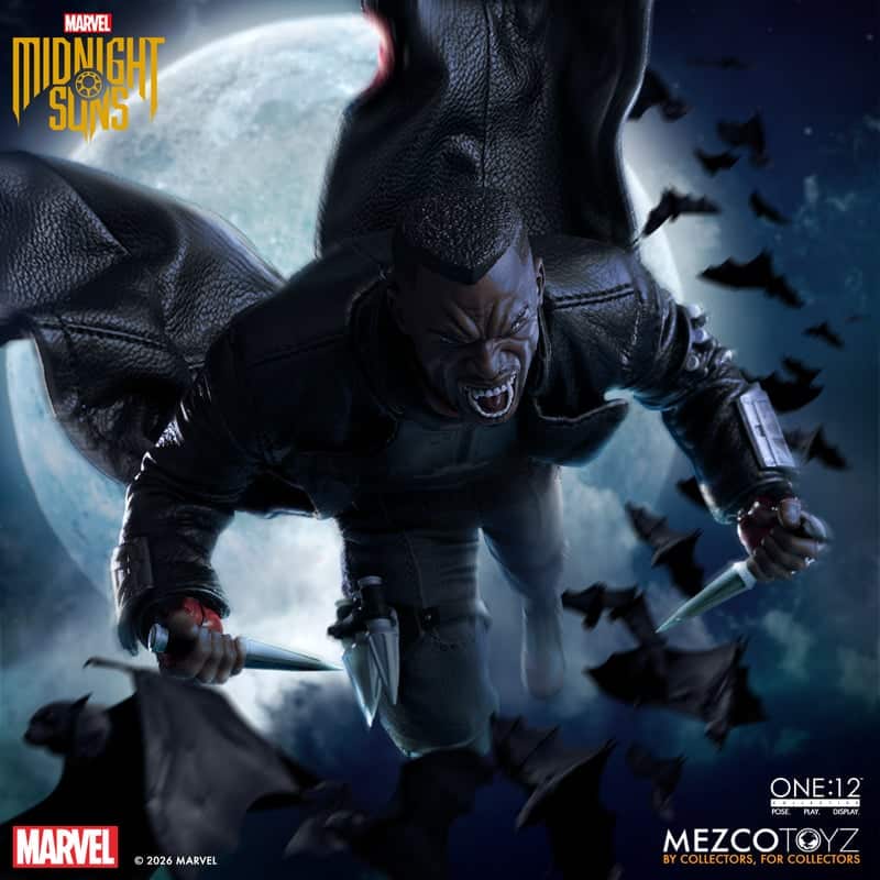 A dynamic action figure of a character from Marvel's Midnight Suns, depicted in mid-flight with a fierce expression. The figure wields dual blades and is surrounded by flying bats against a moonlit background.