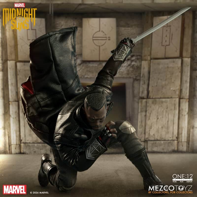 A detailed action figure of a character from Marvel's Midnight Suns, posed dynamically with a sword in hand, wearing a black leather coat and combat attire, set against a textured wall with ancient symbols.