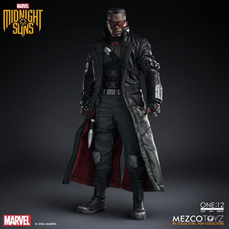 A detailed collectible action figure of a character from Marvel's Midnight Suns, dressed in a long black coat with red lining, tactical pants, and sunglasses, standing confidently with a weapon at his side.