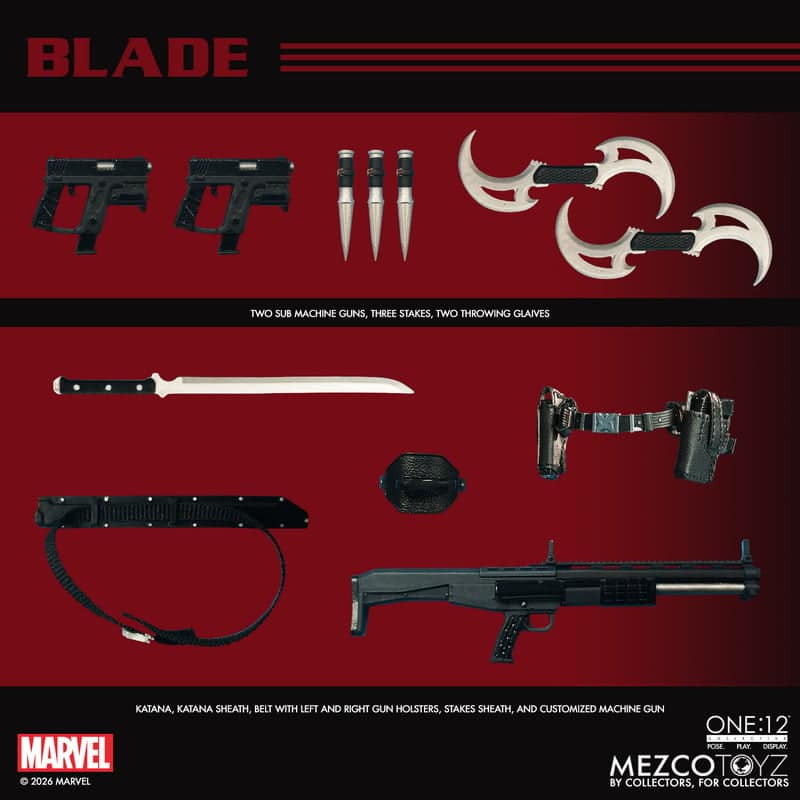 Blade collectible figure accessories including two submachine guns, three stakes, two throwing glaives, a katana, a katana sheath, a belt with holsters, and a customized machine gun.