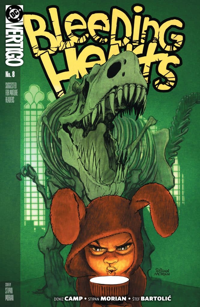 Comic book cover for 'Bleeding Hearts No. 8', featuring a young character in a brown bear costume with a serious expression, in front of a large dinosaur skeleton, surrounded by green hues.
