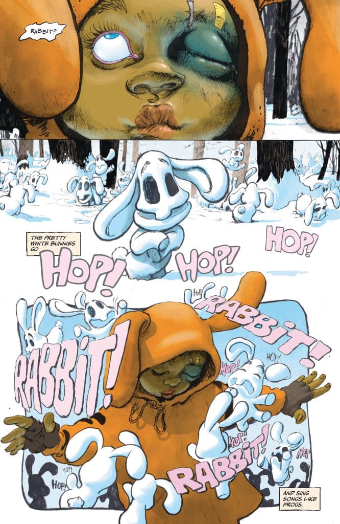 A close-up of a character with a playful expression wearing an orange hoodie, surrounded by white rabbit characters in a snowy landscape, with comic-style text emphasizing 'RABBIT!' and 'HOP!'