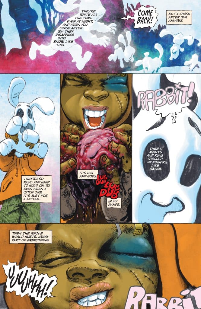 A comic page featuring a character with a bunny plush, expressing a mix of emotions while holding a heart-like object. Text bubbles convey thoughts about white creatures that disappear into snow, and the sensations of warmth and heartbeat in their hands.