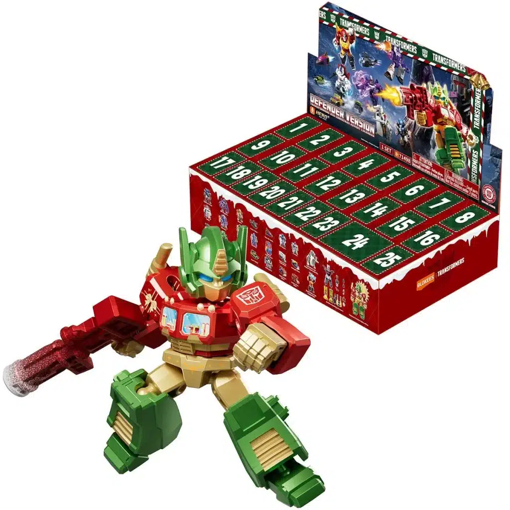 A colorful toy robot resembling a mech character, equipped with a red weapon, stands in front of an advent calendar display featuring multiple compartments numbered from 1 to 24.