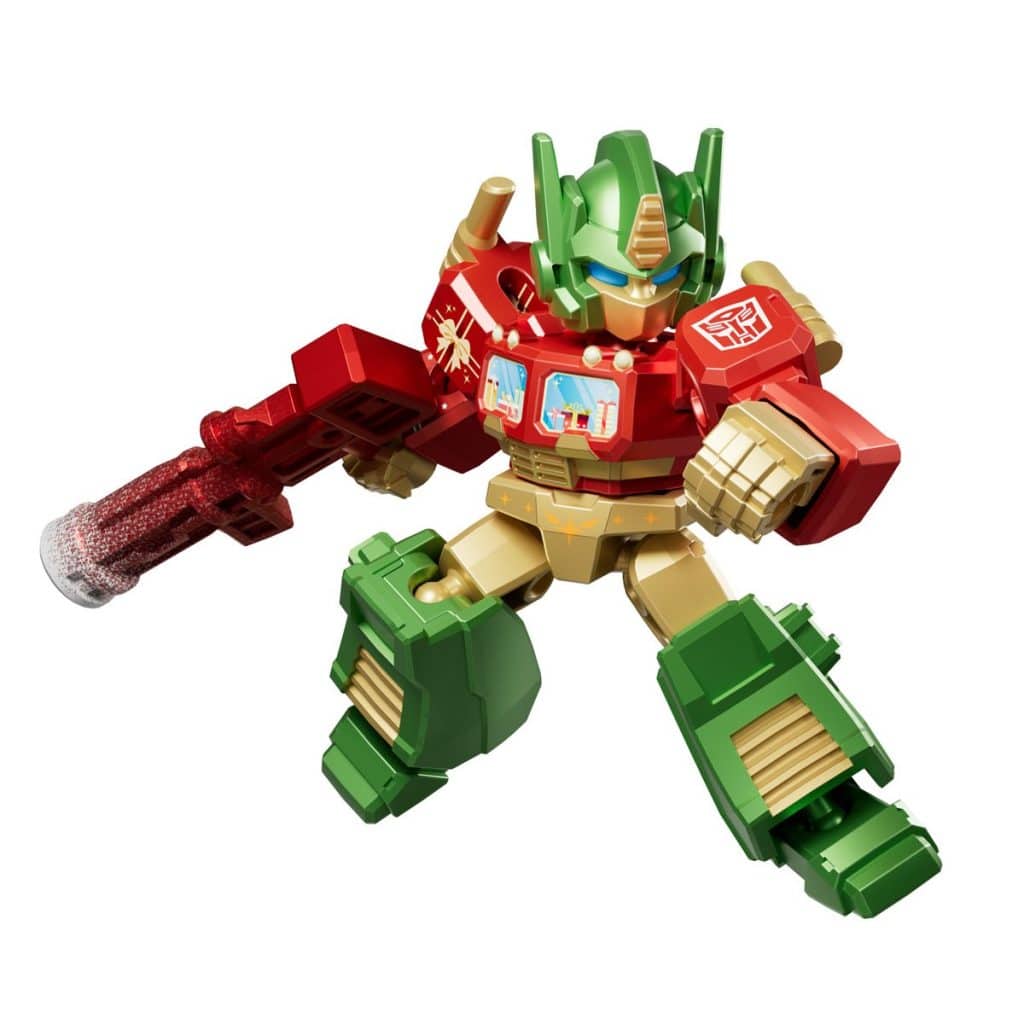 A colorful robot figure in a dynamic pose, wielding a red weapon. The robot has a green and red color scheme with detailed features, resembling a character from an animated series.