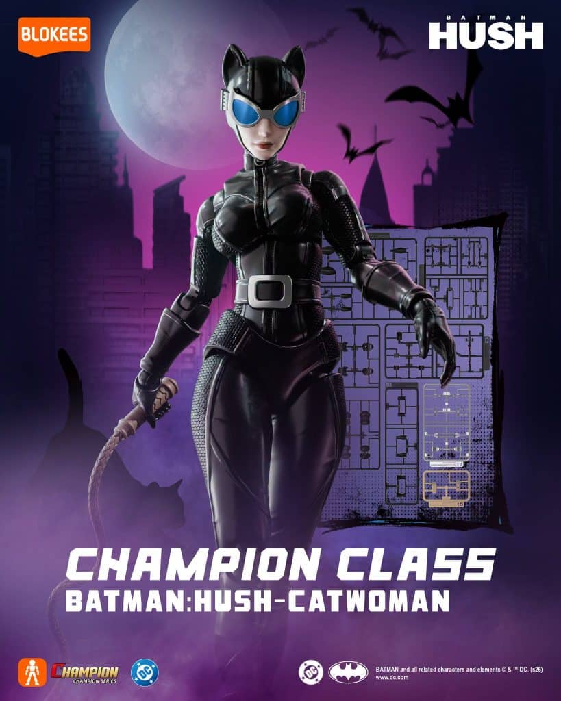 Figure of Catwoman from Batman: Hush, dressed in a black costume with blue goggles, standing against a purple and black background featuring a full moon and bat silhouettes.