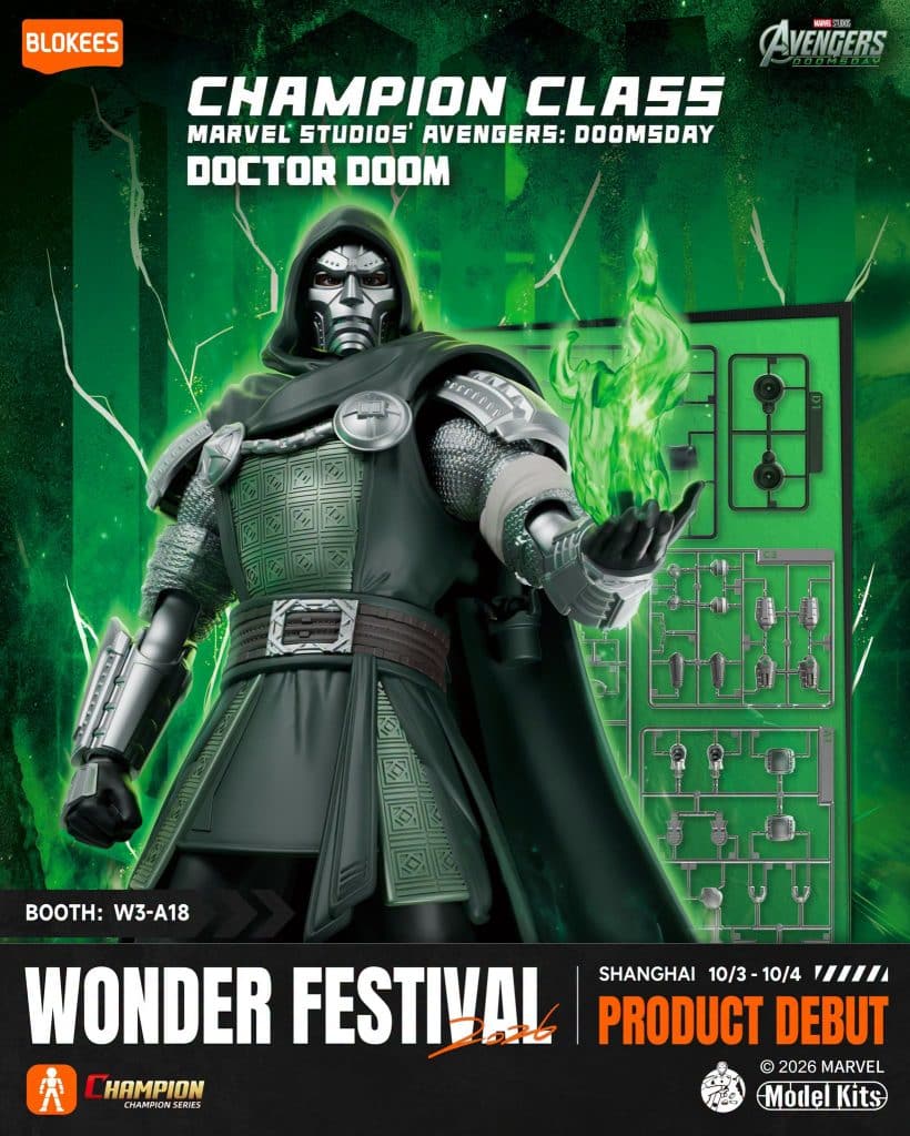 Promotional image featuring Doctor Doom from Marvel Studios' Avengers: Doomsday, highlighting a Champion Class model kit. The background is green with product details: Wonder Festival 2026, Shanghai 10/3 - 10/4, and booth W3-A18.