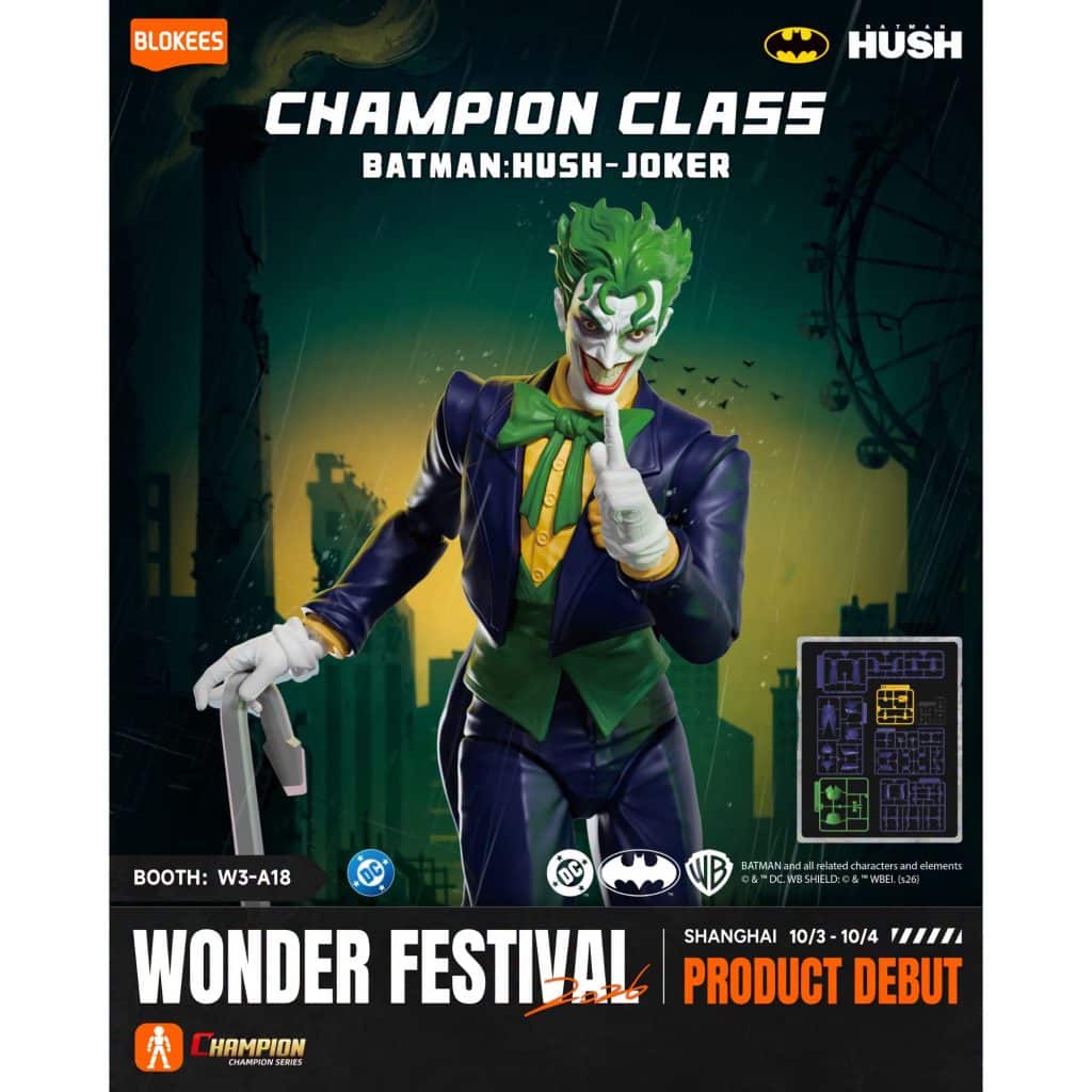 Action figure of the Joker from the Batman: Hush series, featuring vibrant colors and a menacing expression, displayed against a dark urban background.